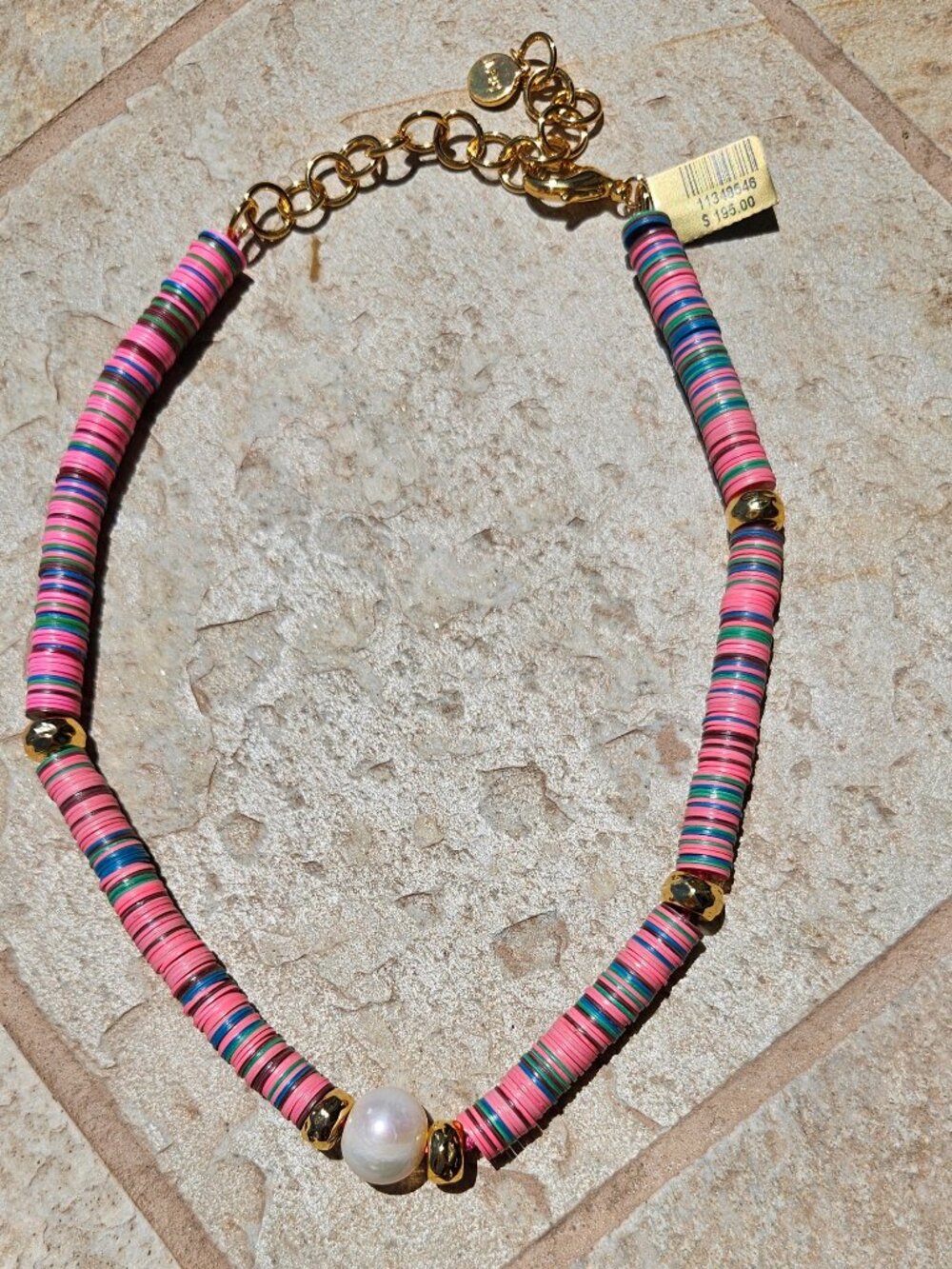 NEST Jewelry Pink Multi Color Vinyl Bead with Center Pearl and Gold Tone Beads